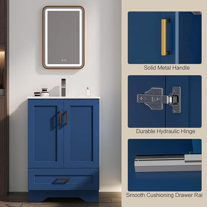 24 inch Bathroom Vanity with Sink, Modern Blue Vanity for Bathroom with Undermount Ceramic Sink, Freestanding 2-Door & 1-Drawer Storage Cabinet, for Small Bathroom Space, (Blue, 24")