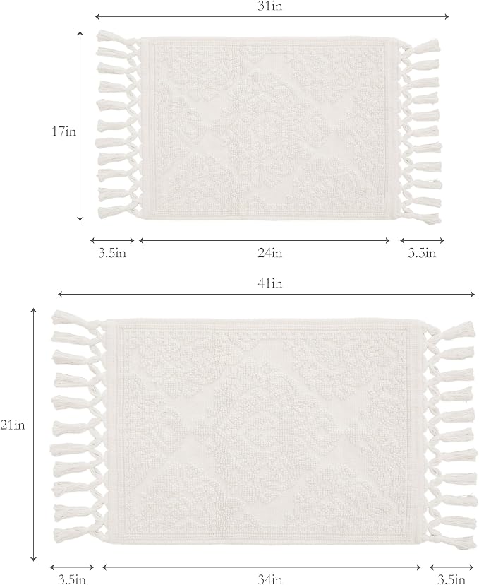 Jean Pierre – Ricardo Bath Mats, Set of 2 Woven Fringe Bathroom Rugs, 100% Cotton, Premium Bathroom Decor - Measures 17" x 31" and 21” x 41”- Ivory