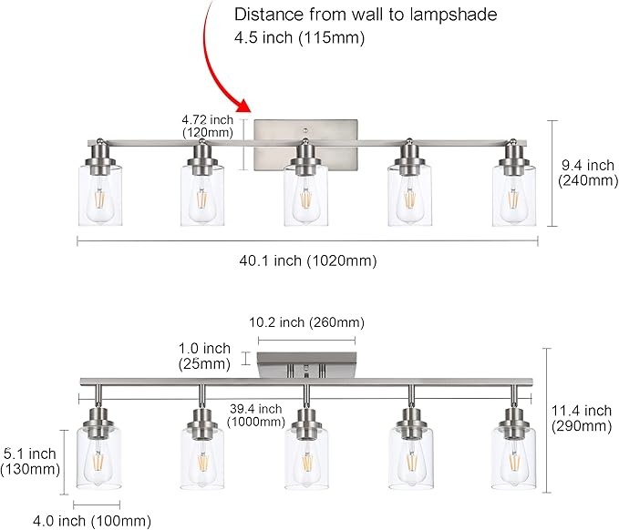 MELUCEE 5 Light Bathroom Light Fixtures Multi-Directional Rotating Track Lighting Kit Brushed Nickel, Ceiling Spotlight Fixture for Kitchen Foyer Bath, Clear Glass Shade