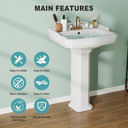 Bathroom Pedestal Sinks,Pedestal Sink 23" W X 19" D Vintage White Ceramic Pedestal Bathroom Sink With Overflow and 3 Pre-Drilled Holes - Fits 4-Inch Faucets