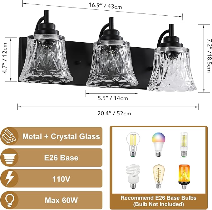 Bathroom Light Fixtures, 3 Lights Black Vanity Lights for Bathroom, Matte Black Antique Finish with Crystal Glass Shade, Farmhouse Lighting Fixtures Over Mirror for Bedroom, Living Room