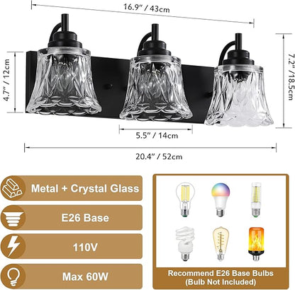 Bathroom Light Fixtures, 3 Lights Black Vanity Lights for Bathroom, Matte Black Antique Finish with Crystal Glass Shade, Farmhouse Lighting Fixtures Over Mirror for Bedroom, Living Room