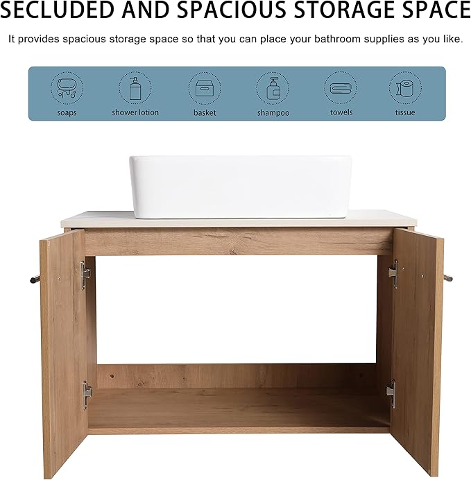30" Floating Vanity with Sink, 30 Inch Bathroom Vanity with Sink, Modern Plywood Floating Cabinet with Sintered Stone Countertop and White Ceramic Basin, Soft Close Doors