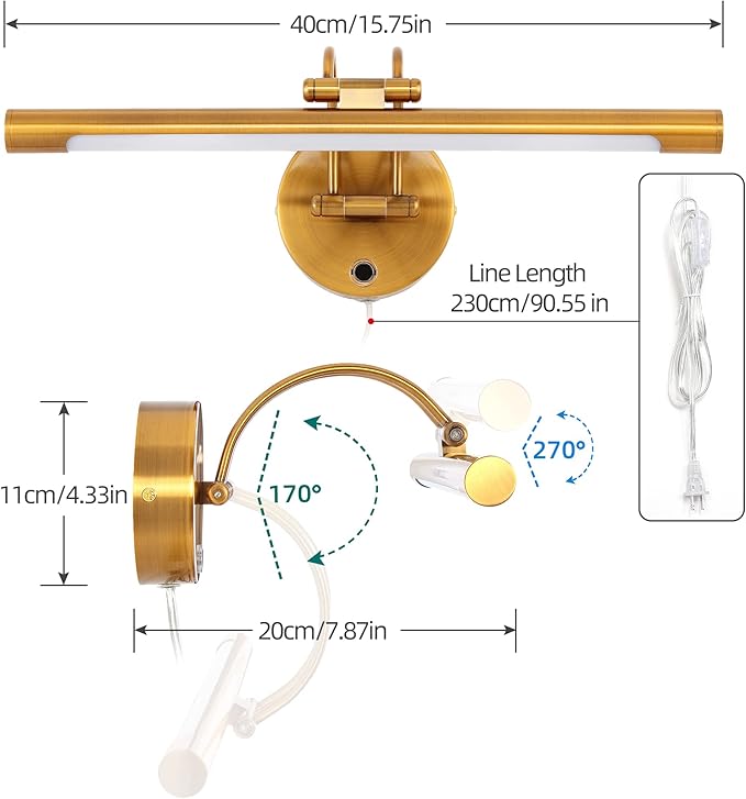 MantoLite LED Dimmable Bathroom Vanity Light Fixture 16inch Cabinet Picture Wall Lights, Indoor Lightings Wall Sconce with Ajustable Arm Bedside Reading Lamp, Pulg in Display Lamps (Brass, 3000K 8W)