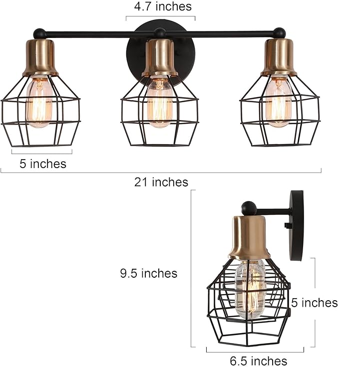 LALUZ Modern Farmhouse Mid-Century 3-Light Black and Gold Bathroom Vanity Light with Industrial Metal Cage