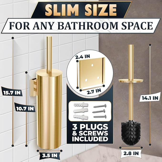 Gold Toilet Brush and Holder Set, Stainless Steel (Wall Mounted) | Toilet Brush with Holder Set, Splash Protection & Dense Bristles for Bathroom Cleaning, Strong Vacuum Suction and Holder