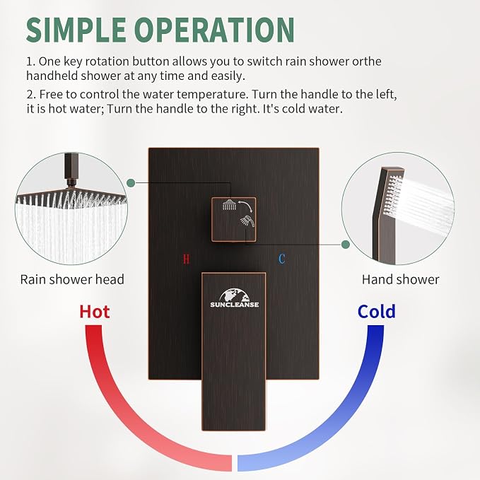 SunCleanse Rainfall Shower System with High Pressure in Oil Rubbed Bronze | Ceiling mounted shower combo set featuring a 12" square rain head, handheld spray, and rough-in mixer valve with trim.