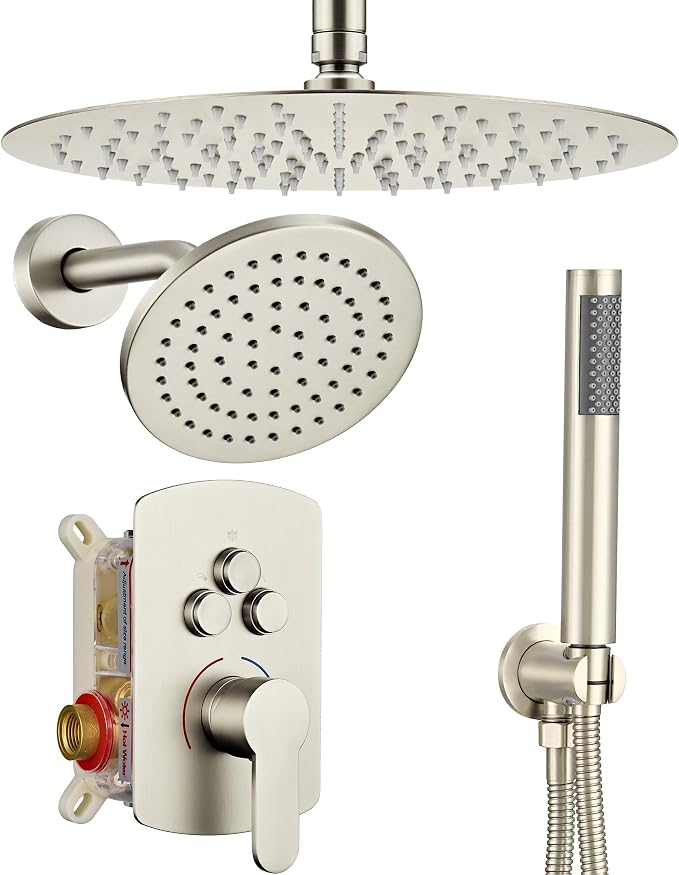 Dasan Rainfall Full Body Shower Faucet System with 12'' Round Shower & 6'' Shower Head,Brushed Nickel Dual Shower Head Faucets Set with Handheld & Valve, Double Shower Head System for Couples/2-Person