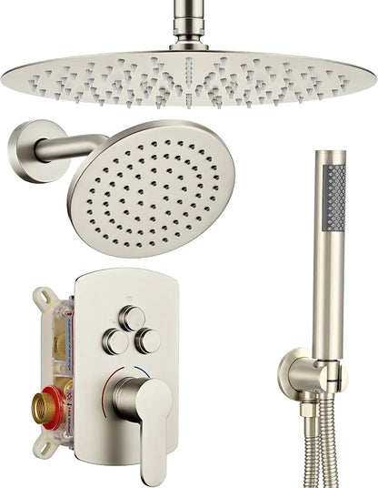 Dasan Rainfall Full Body Shower Faucet System with 12'' Round Shower & 6'' Shower Head,Brushed Nickel Dual Shower Head Faucets Set with Handheld & Valve, Double Shower Head System for Couples/2-Person