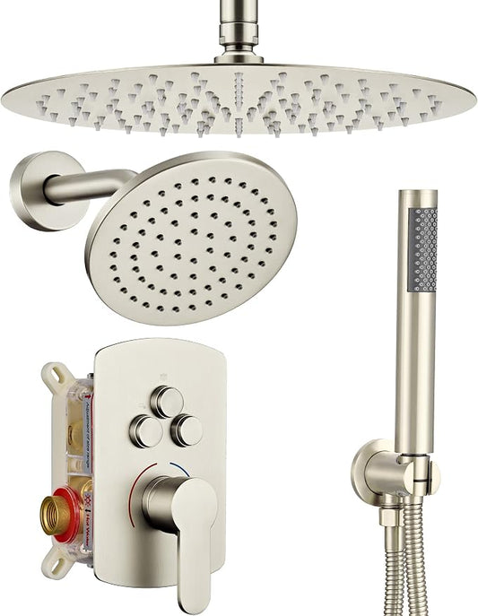 Dasan Rainfall Full Body Shower Faucet System with 12'' Round Shower & 6'' Shower Head,Brushed Nickel Dual Shower Head Faucets Set with Handheld & Valve, Double Shower Head System for Couples/2-Person