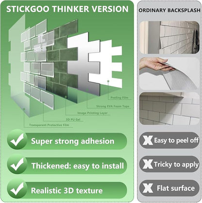 STICKGOO Subway Tile Peel and Stick Backsplash, Thicker Design 12" x 12" Stick on Backsplash Tiles for Kitchen, Bathroom, Wall Tile (10 Sheets, Sage Green)