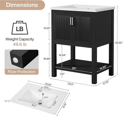 Tribesigns 48" Bathroom Vanity with Sink, Modern Freestanding Vanity with Ceramic Porcelain Basin, 2-Door Storage Cabinet & Open Shelf for Small Bathroom, Industrial, Black