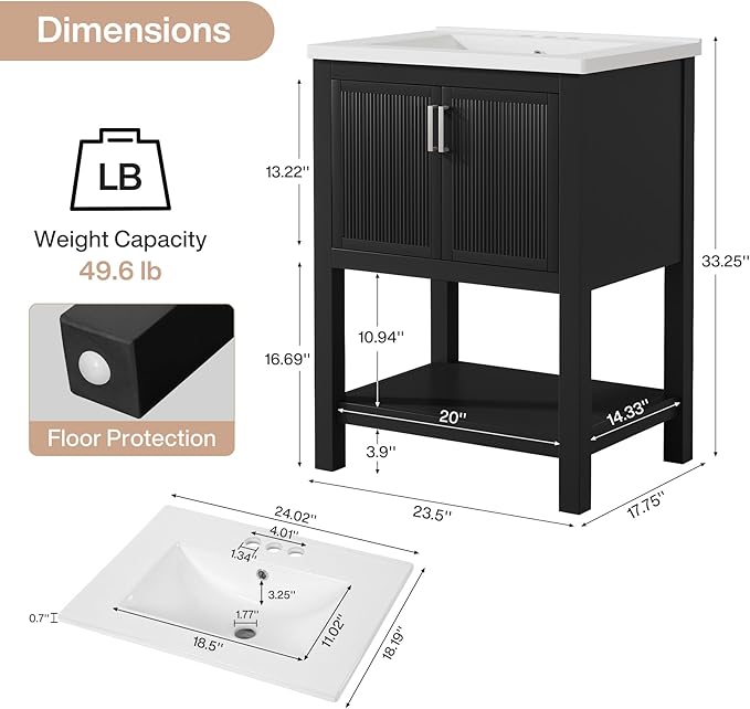 Tribesigns 24" Bathroom Vanity with Sink, Solid Wooden Frame Freestanding Vanity with Ceramic Porcelain Basin, 2-Door Storage Cabinet & Open Shelf for Small Bathroom, Industrial, Black