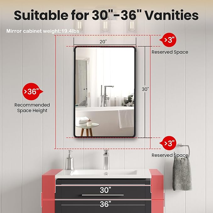 20x30 Medicine Cabinet with Mirror, Black Metal, Recessed or Surface Mount | 3 adjustable metal shelves, reversible piano-hinge door, 95% assembled; cutout 17.72"W x 24.02"H x 3.54"D