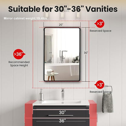 20x30 Medicine Cabinet with Mirror, Black Metal, Recessed or Surface Mount | 3 adjustable metal shelves, reversible piano-hinge door, 95% assembled; cutout 17.72"W x 24.02"H x 3.54"D
