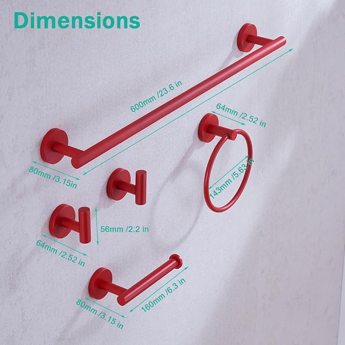 Bathroom Hardware Set,5 Pieces Bathroom Towel Bar Set,24 inch Towel Bar,Towel Ring for Bathroom,Robe Towel Hooks,Toilet Paper Holder Wall Mounted(Drilling),Red,SE96006S-5RED