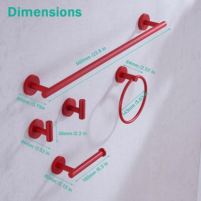 Bathroom Hardware Set,5 Pieces Bathroom Towel Bar Set,24 inch Towel Bar,Towel Ring for Bathroom,Robe Towel Hooks,Toilet Paper Holder Wall Mounted(Drilling),Red,SE96006S-5RED