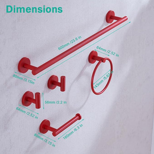 Bathroom Hardware Set,5 Pieces Bathroom Towel Bar Set,24 inch Towel Bar,Towel Ring for Bathroom,Robe Towel Hooks,Toilet Paper Holder Wall Mounted(Drilling),Red,SE96006S-5RED