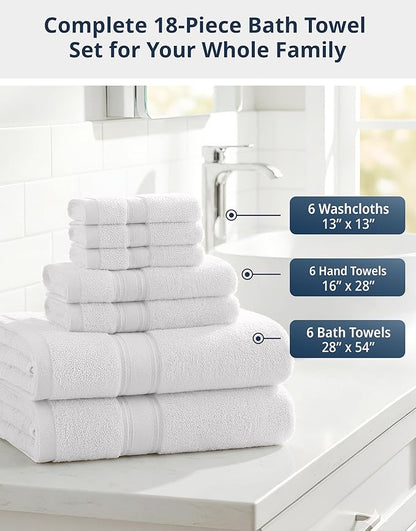 LANE LINEN Bath Towel Set 100% Cotton 18 Piece Soft Absorbent - White | Shower Towels - Generously Sized, Oversized & Roomy, Lightweight & Breathable, Fade-Resistant Color, Classic Terry Weave