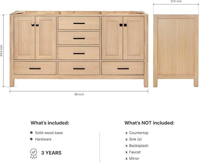 ARIEL Cambridge 66-inch Bathroom Vanity Base Cabinet,Solid Wood, 4 Soft Closing Doors, 6 Dovetail Drawers, White Oak