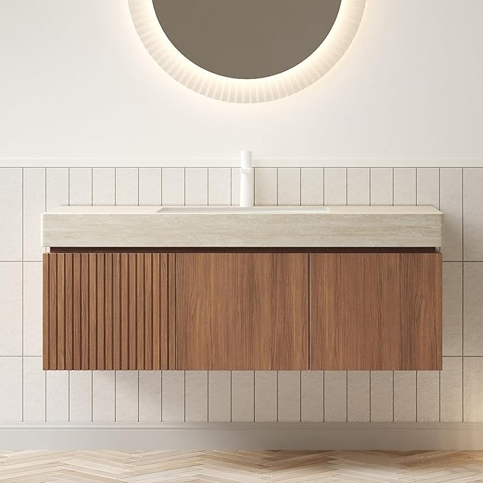 LKTART Floating 48 Inch Bathroom Vanity with Sink, Modern Plywood Wall Mounted Bathroom Storage Cabinet with 2 Doors and 1 Drawer, Roma Travertine-Pattern Sintered Stone Countertop and Ceramic Basins