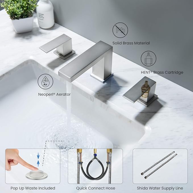 2-Handle Cube Bathroom Sink Faucet with Drain Assembly | 3-Hole Installation, Solid Brass Construction | 8-Inch Widespread Lavatory Faucet | Brushed Nickel, KBF1024