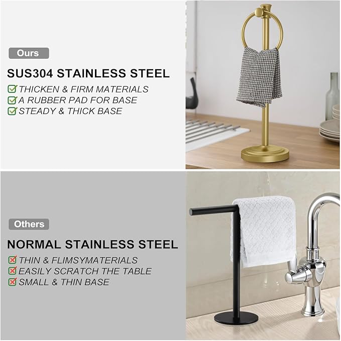 Hoimpro Hand Towel Holder Free Standing Towel Bar Brushed Gold | Hanging Floor Hand Towel Rack Ring, for Bathroom Kitchen Vanity Countertops, Hardware Accessories SUS 304 Heavy-Duty Base