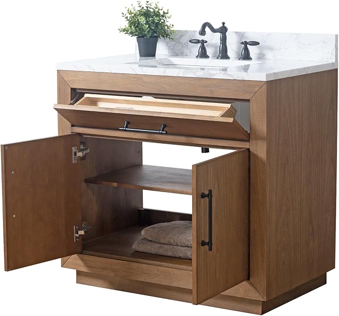 Vanity Art 36 inch Bathroom Vanity with Sink, Vanity Cabinet with Doors and Removable Shelf, Modern Wood Cabinet with White Marble Top, Solid Wood Frame, Ceramic Sink VA70-36-T-E