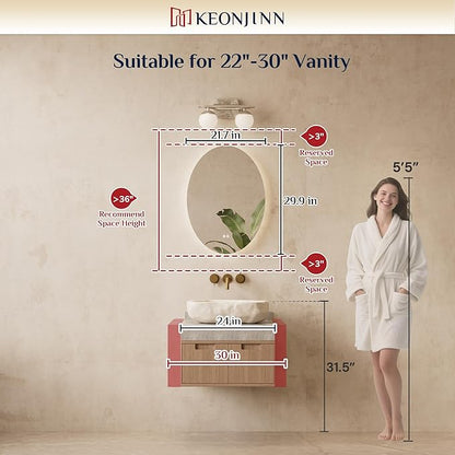 Keonjinn 22 x 30 Inch Oval LED Mirror, Frameless Backlit mirror bathroom with HD Tempered Glass, UL-Listed LED Driver, Anti-Fog, Dimmable, Memory Function, French Cleat Installation, Plug in/Hardwired