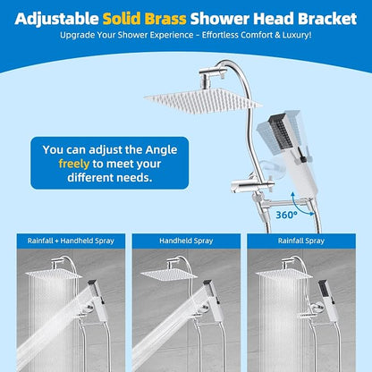 Hibbent All Metal cUPC Certified Shower Head, 8'' High Pressure Rainfall Shower Head, Showerhead Combo, Handheld Shower Wand, 12'' Adjustable Extension Arm, 4-Spray, 71'' Hose, Shower Holder, Chrome