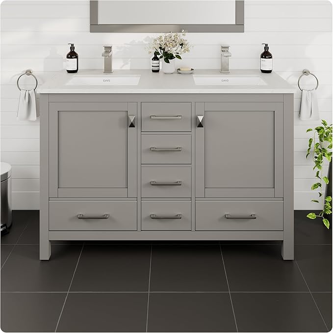 Eviva London 48 Inch Double Vanity - Grey Bathroom Vanity with Top and Sink - Undermount Porcelain Sink Combo - Quartz Countertop