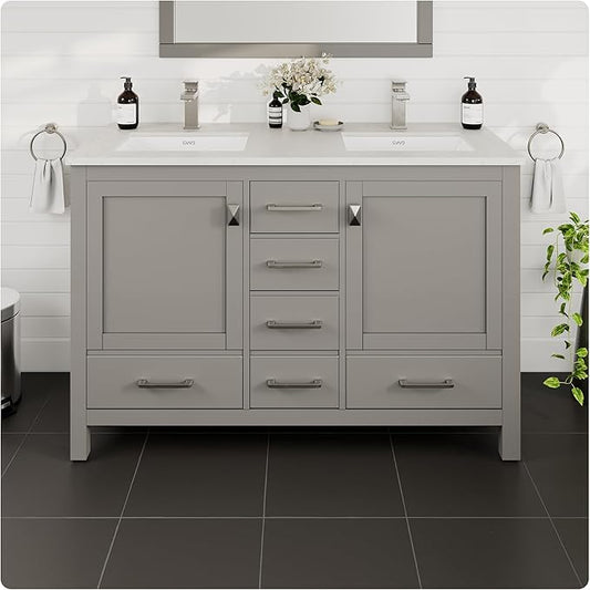 Eviva London 48 Inch Double Vanity - Grey Bathroom Vanity with Top and Sink - Undermount Porcelain Sink Combo - Quartz Countertop