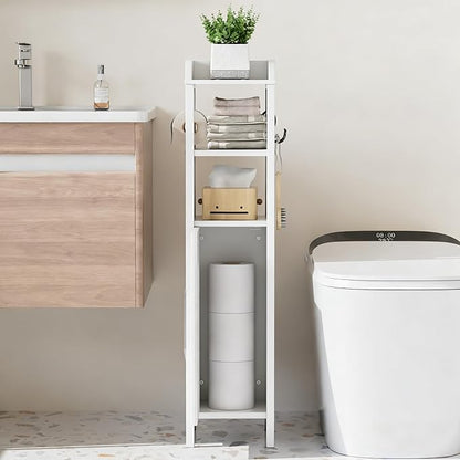 VECELO Small Bathroom Cabinet,Slim Toilet Paper Holder with Door & 2 Shelves,Narrow Storage Organizers Fenced Top Waterproof Coating for Restroom Bathroom in Tiny Space,White