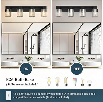 4-Light Black Crystal Vanity Light Bathroom Lighting Fixtures Over Mirror | Wall Sconces with Square Crystal Shades, E26 Socket, Modern Vanity Lights for Bathroom (Bulbs Not Included)