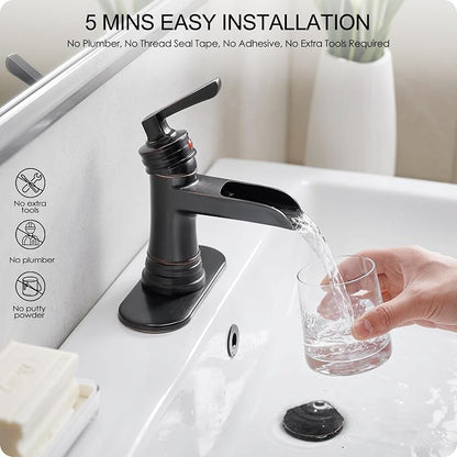Brass Oil Rubbed Bronze Bathroom Faucet Waterfall Bathroom Sink Faucet 1 Hole or 4 Inch 3 Hole, Single Handle with Deck Plate, Pop-up Drain, cUPC Supply Lines for Vanity, 5 Mins Quick Install