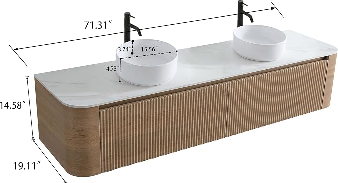 72" Preassembled Double Floating Bathroom Vanity with Round Sink, Oak | Mid-Century Modern Style, Fluted & Soft-Close Drawer with U-shaped Wall, Sinterted Stone Countertop, Towel Rack Included