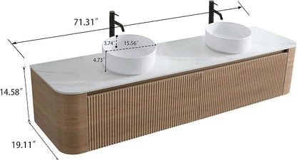72" Preassembled Double Floating Bathroom Vanity with Round Sink, Oak | Mid-Century Modern Style, Fluted & Soft-Close Drawer with U-shaped Wall, Sinterted Stone Countertop, Towel Rack Included