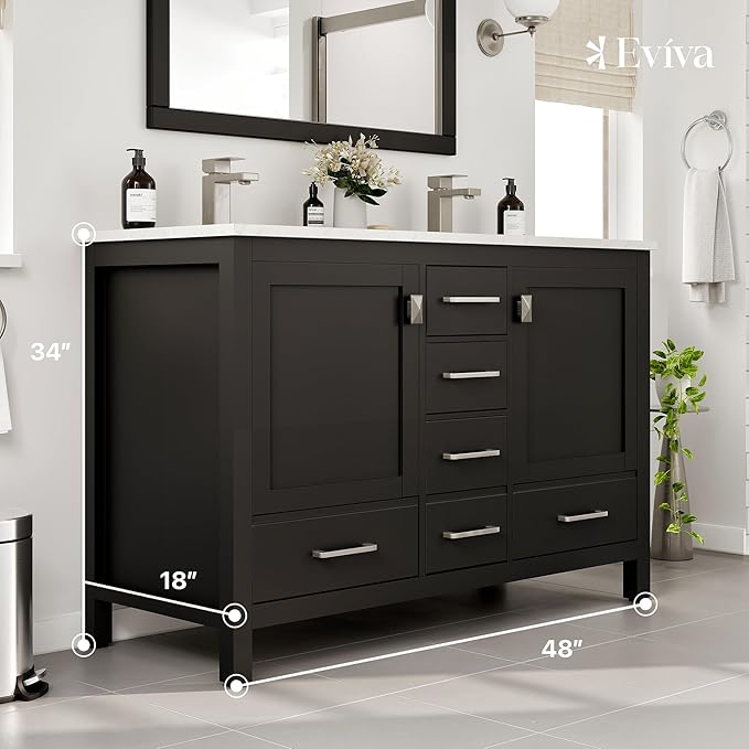 Eviva London 48 x 18 inch Espresso Transitional Double Sink Bathroom Vanity with White Carrara Quartz Countertop and Undermount Porcelain Sinks
