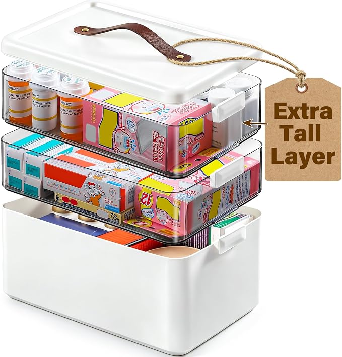 Homaigie Extra Tall 3-Tier Medicine Cabinet Organizer for Medicine Bottles Organizer, Portable Medicine Storage Box with Leather Handle, Empty First Aid Kit Container for Home, Classroom