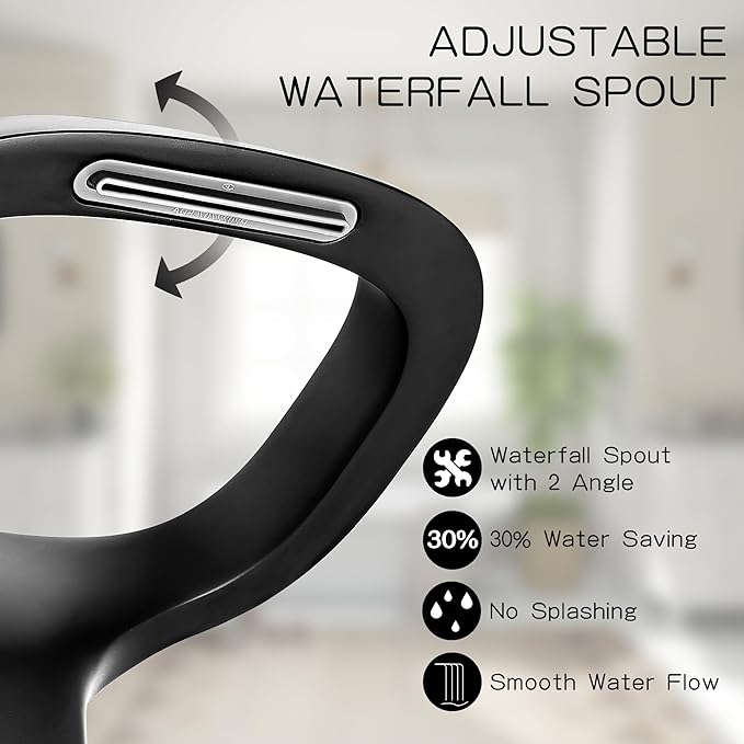 Black Bathroom Faucet 3 Hole, Modern Faucet for Bathroom Sink with Adjustable Spout, Solid Brass 8 Inch Widespread Waterfall Bathroom Faucets with Water Supply Hoses and 2 Gold Handles