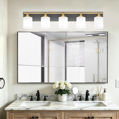 Black and Gold Bathroom Light Fixture, Modern 5 Light Vanity Lights for Bathroom Lighting Fixtures Over Mirror, White Glass Lampshade, Master & Guest bathrooms Bathroom Remodel, 35.4-inch