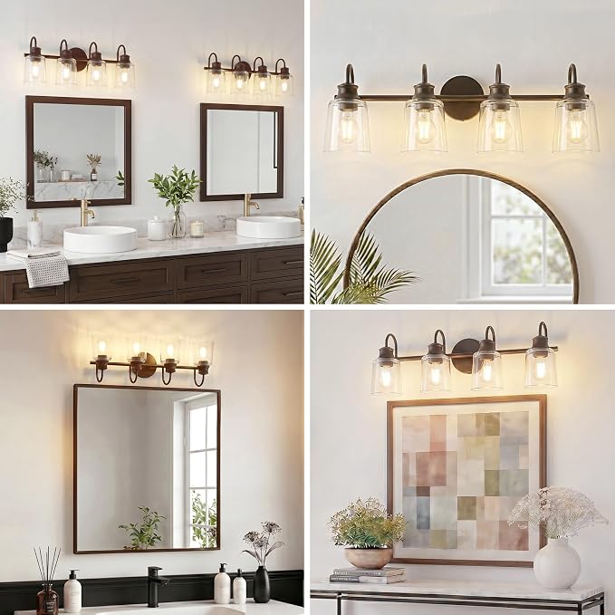 4 Lights Bathroom Light Fixture Oil Rubbed Bronze Vanity Lights | ETL Certificate, Easy to Install,Wall Mount Up or Down,Thickened Glass Lampshade,E26 Socket,Hardwired