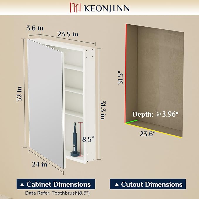 Keonjinn Black Medicine Cabinet with Mirror 24" x 32", Adjustable Shelves | Assembly Needed, Wall Mount/Recessed, Safe Tempered Glass with NO Distortion, Soft Close with DTC Hinges, Lightweight