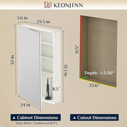 Keonjinn 24" x 32" Medicine Cabinet, Bathroom Mirror with Storage, Silver | Assembly Required, Lightweight Aluminum Frame, Safe Tempered Glass, Wall Mount or Recessed, Adjustable Shelves, DTC Hinges