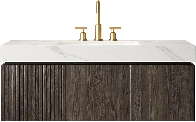 KEIKI 48 Inch Floating Bathroom Vanity with Sink, Espresso & White | Modern Wall Mounted Storage Cabinet w/ Drawer & Door, Pre-assembled Wood Panels, Sintered Stone Top & Ceramic Basin Combo Set