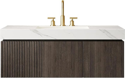 KEIKI 48 Inch Floating Bathroom Vanity with Sink, Espresso & White | Modern Wall Mounted Storage Cabinet w/ Drawer & Door, Pre-assembled Wood Panels, Sintered Stone Top & Ceramic Basin Combo Set