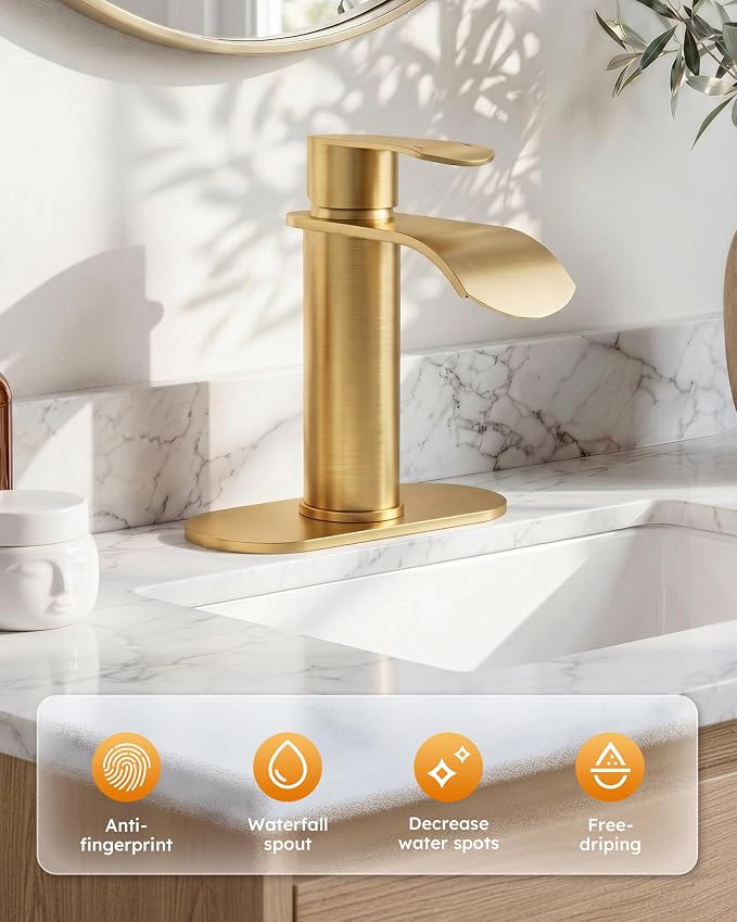 WOWOW Waterfall Bathroom Faucet, Gold Bathroom Sink Faucet for 1 Hole or 3 Holes, Single Handle Vanity with Metal Pop up Drain, Stainless Steel Basin Sink Faucet Tap for RV Lavatory