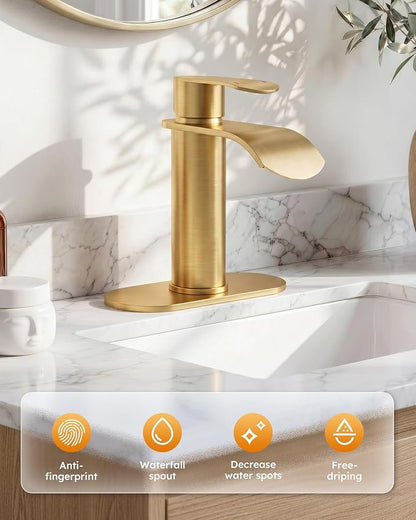 WOWOW Waterfall Bathroom Faucet, Gold Bathroom Sink Faucet for 1 Hole or 3 Holes, Single Handle Vanity with Metal Pop up Drain, Stainless Steel Basin Sink Faucet Tap for RV Lavatory