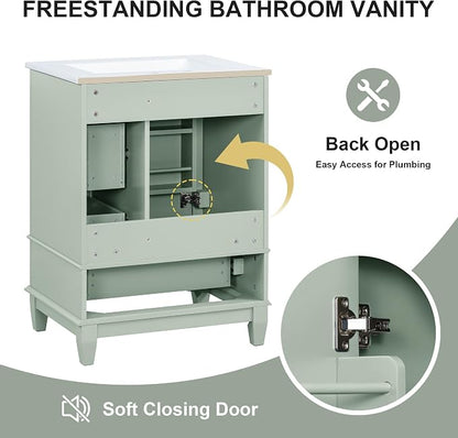 Bathroom Vanity with Ceramic Sink 24 Inch, Cabinet with One Door and Three Drawers, Soft-Closing Door, Solid Wood Legs, Green