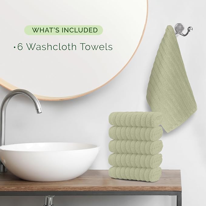 Elegant Comfort 100% Turkish Cotton Corduroy Ribbed Luxury Washcloths 6 Pack Soft 13 x 13 Inch - Higly Absorbent, Durable, Quick Dry, Spa Premium Hotel Quality for Bathroom or Travel, Mint Green